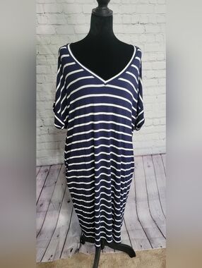 Zenana Navy and White Striped V-Neck Dress 1X